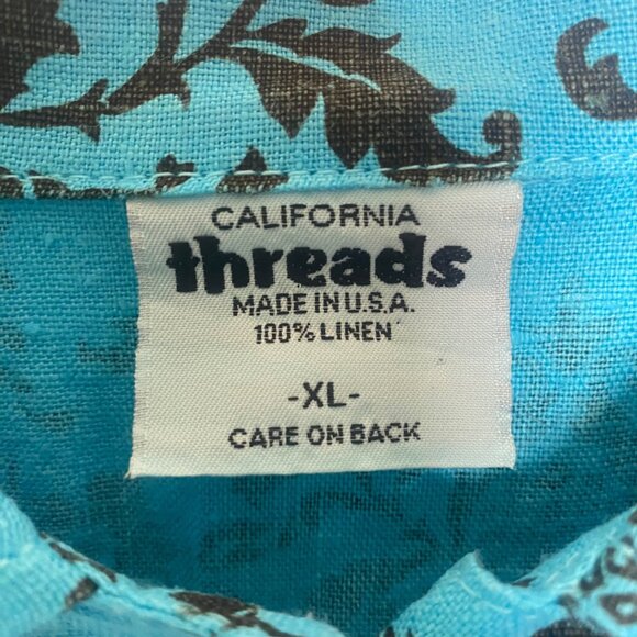 California Threads XL Blue & Black Floral Button-Up 100% Linen Shirt With Long S - Picture 2 of 11